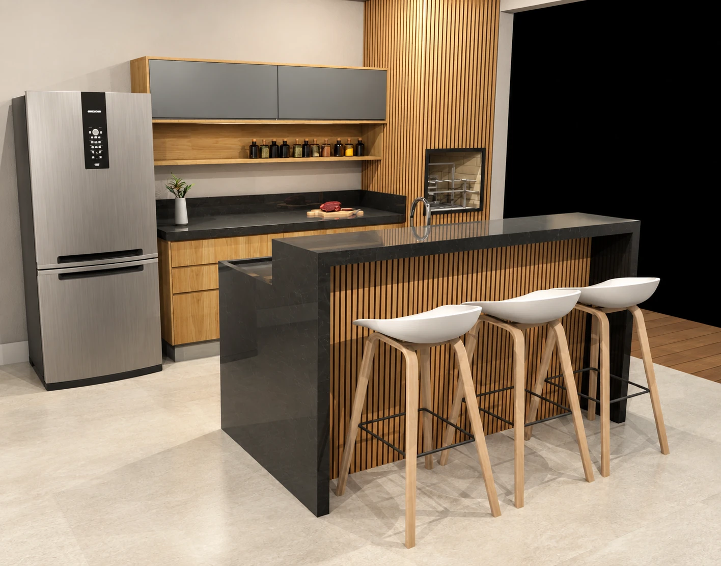 Cozinha com bancada e painel ripado