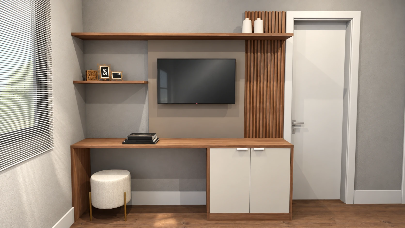 Painel de TV com bancada e armário