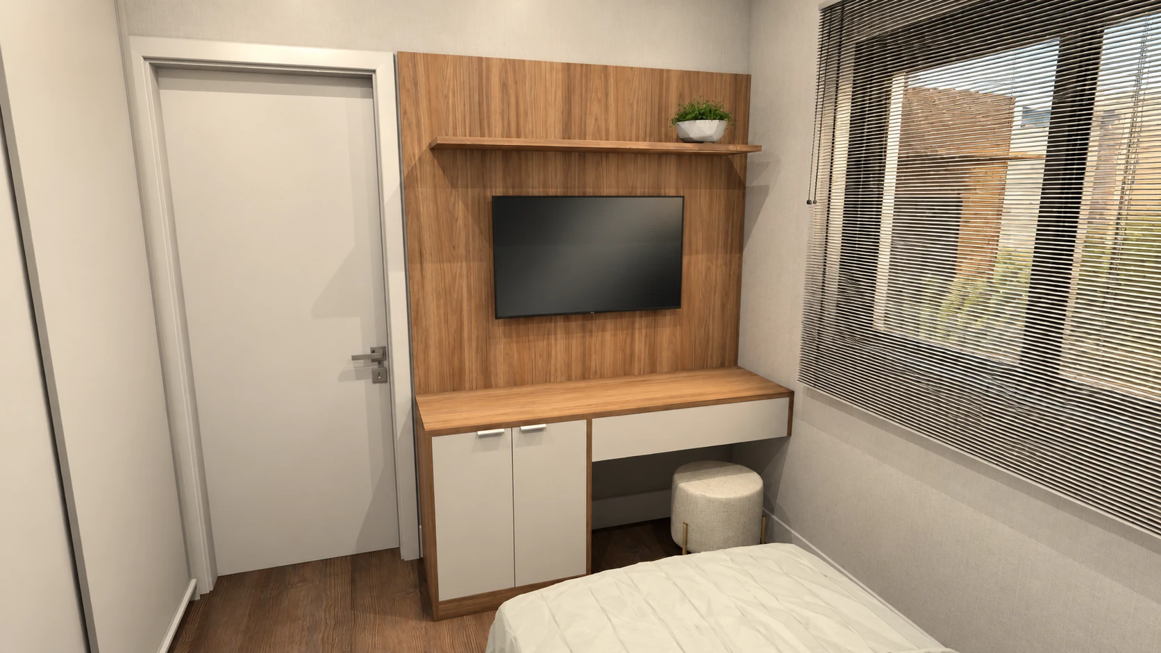Painel amadeirado com TV e bancada